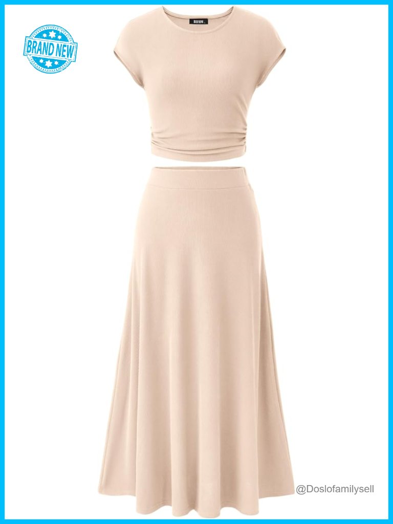 Two Piece Skirt Set: Ribbed Knit Crop Top & Midi Skirt Lounge Set